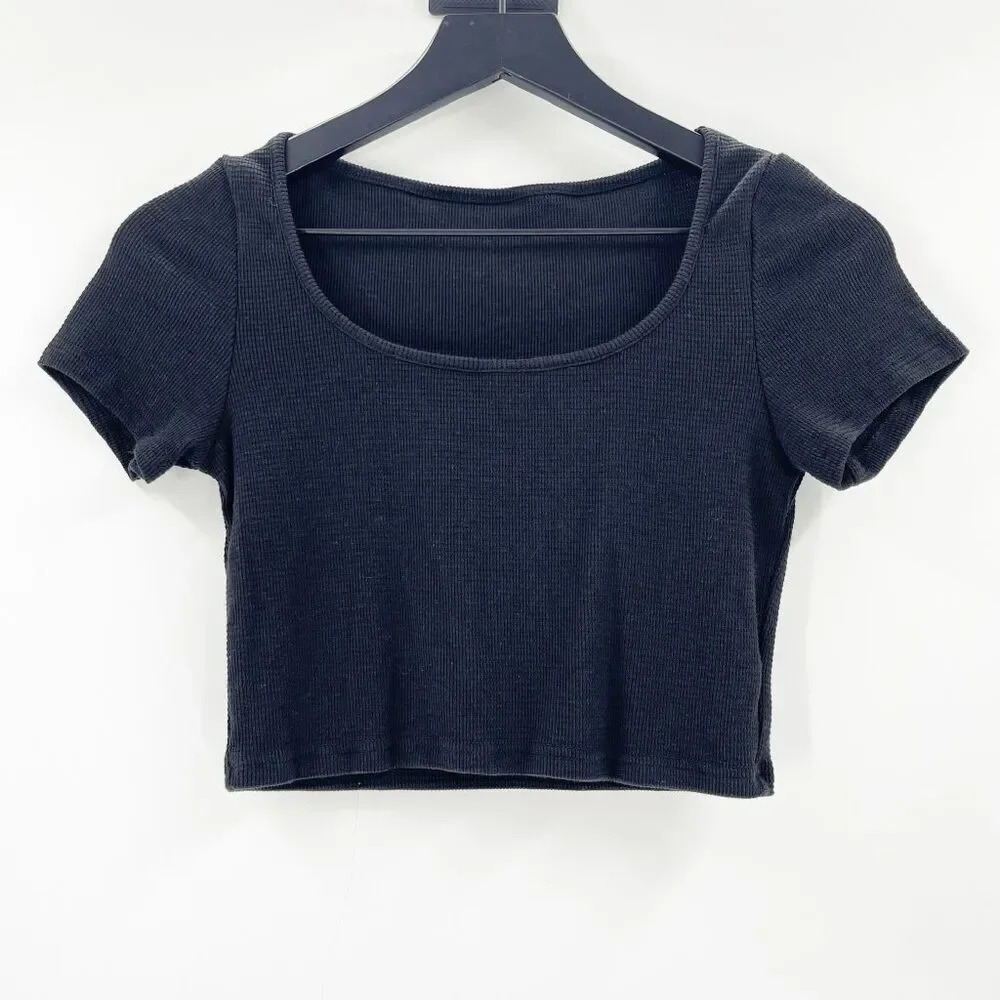 Shein Womens‎ Crop Top Size XS Black Ribbed Square Neck Short Sleeve Stretch